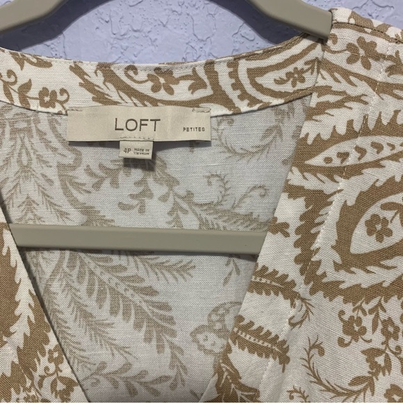 Loft Women’s Petite Floral V-Neck Button Cap Sleeve Linen Blend Flare Dress - Picture 2 of 7